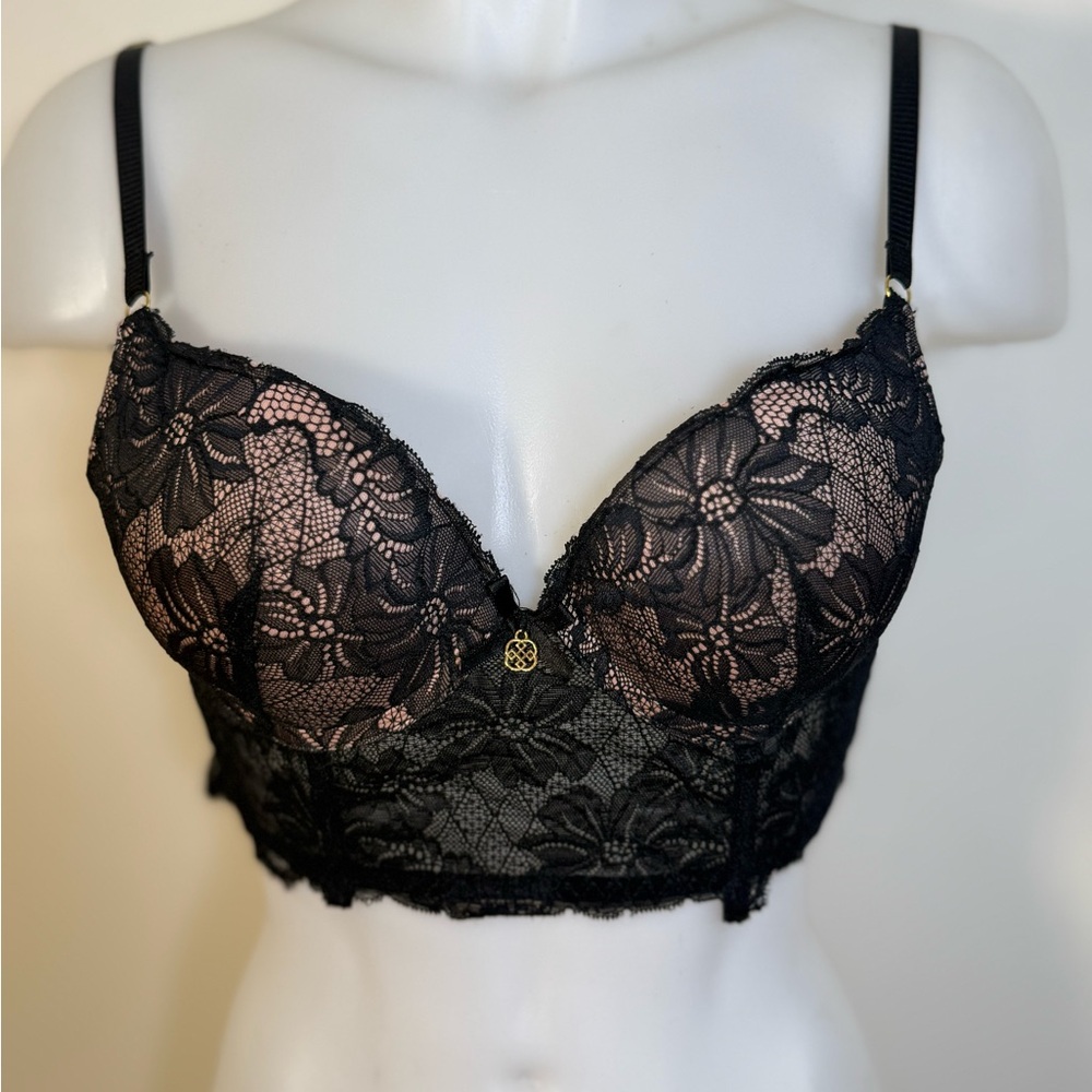 Daisy Fuentes Bustier Bra 34B Black Floral Lace Longline Logo Underwire Push Up